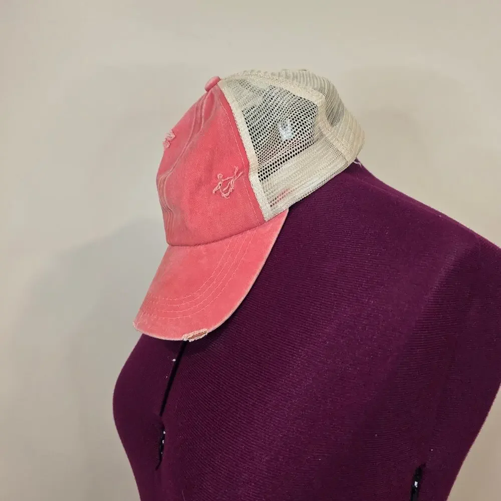 Women's Washed Denim with Crossed Elastic Band Mesh Pony Cap